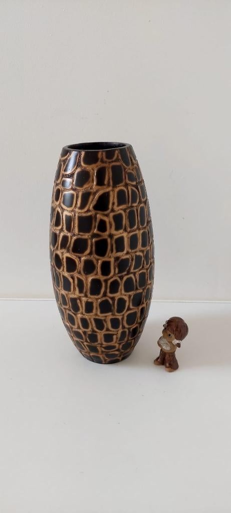 Vintage Bruine en gouden decoratieve vaas 35 cm hoog, Eu, Ophalen of Verzenden, Zo goed als nieuw, Balkon