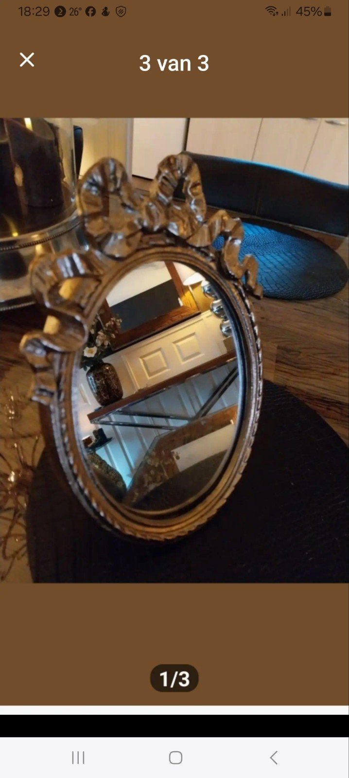 Decoratieve ovale spiegel met gouden barok lijst, Antiek en Kunst, Ophalen of Verzenden, Ovaal, Minder dan 50 cm, Minder dan 100 cm