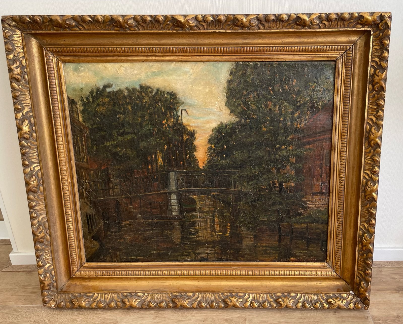 Oud schilderij: Amsterdamse gracht met lijst, Antiek en Kunst, Ophalen, Doek, Olieverf, Klassiek