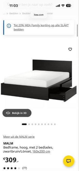 IKEA MALM Bedframe 160x200 cm met 2 bedlades, Ophalen, Gebruikt, Zwart, Tweepersoons