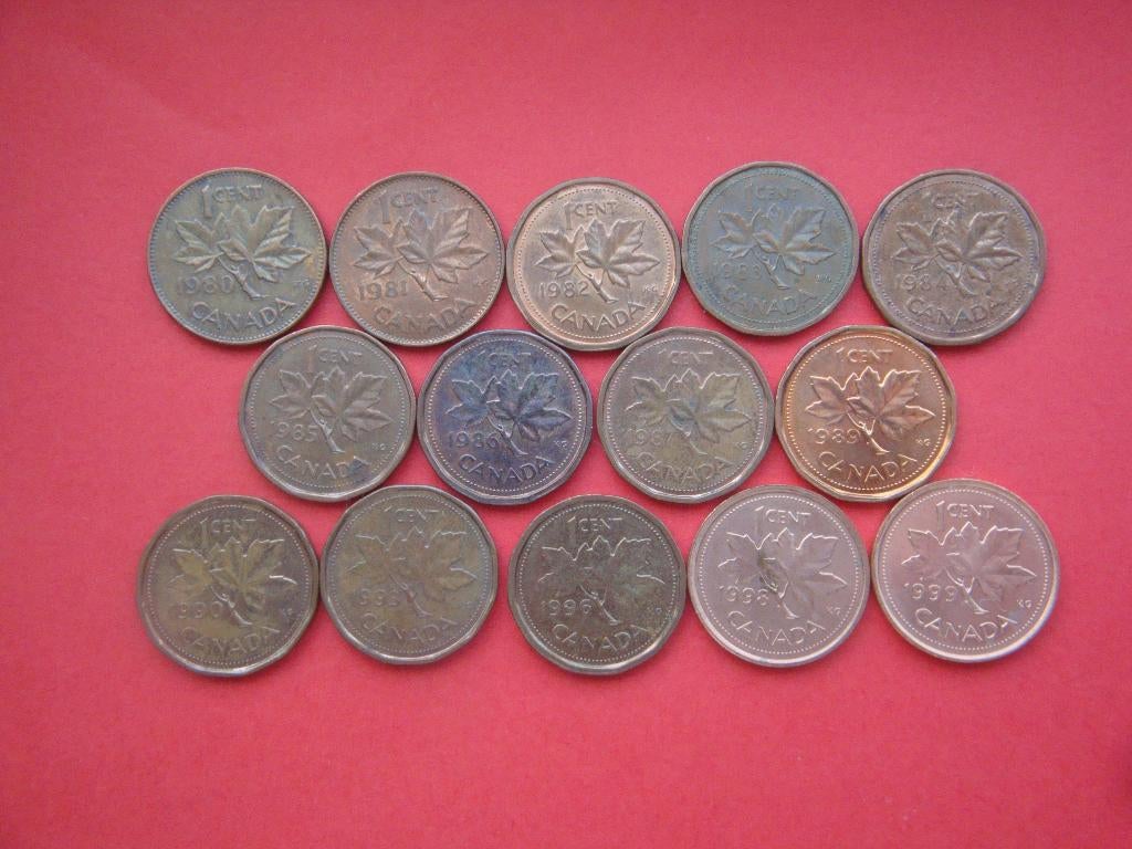 Canada setje munten 1 Cent 1980 t/m 1999., Verzenden, Noord-Amerika, Setje