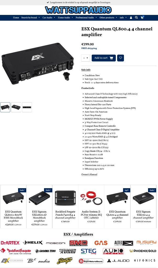 ESX Quantum QL800.4 4 kanaals versterker, Audio Design, Nieuw, Am Breilingsweg 3, 76709 Kronau, Duitsland, Ophalen of Verzenden