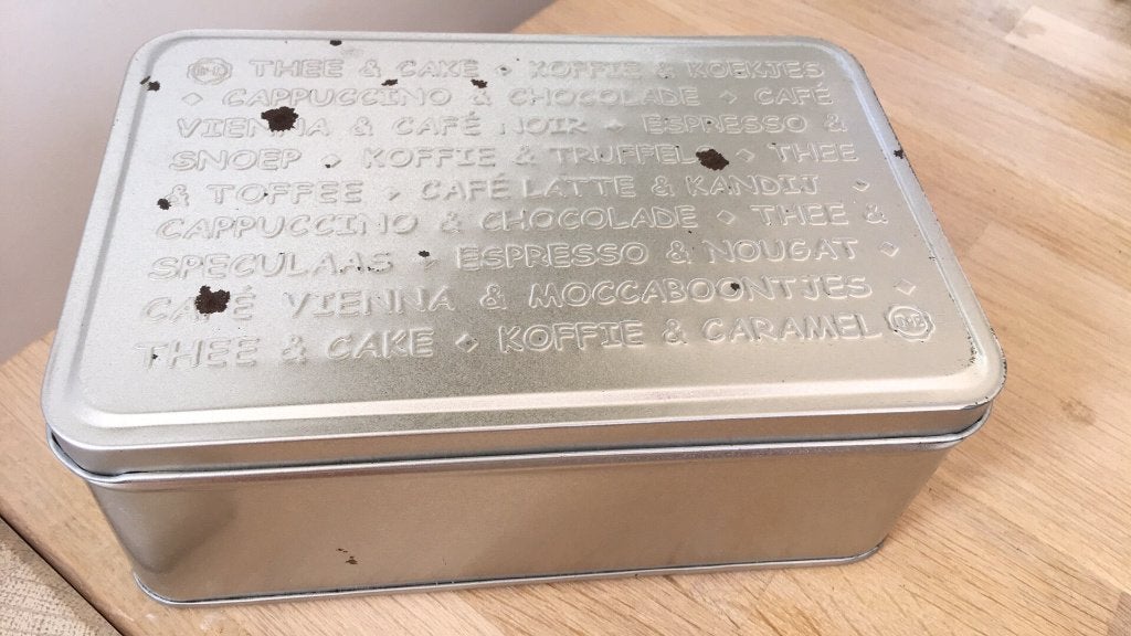 DE Douwe Egberts metalen blik Thee & cake 19,5 x 12,5 x 7cm, Verzamelen, Blikken, Ophalen of Verzenden, Gebruikt, Thee, Douwe Egberts