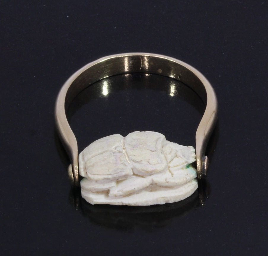 Scarabee 14k goud vintage dame ring unisex hieroglyf antiek, Ophalen of Verzenden, Goud, Ring, Met edelsteen