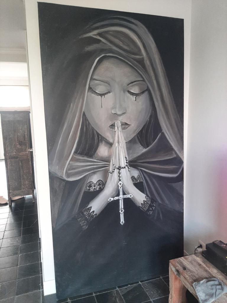 Groot schilderij: Huilende Madonna met rozenkrans, Ophalen of Verzenden