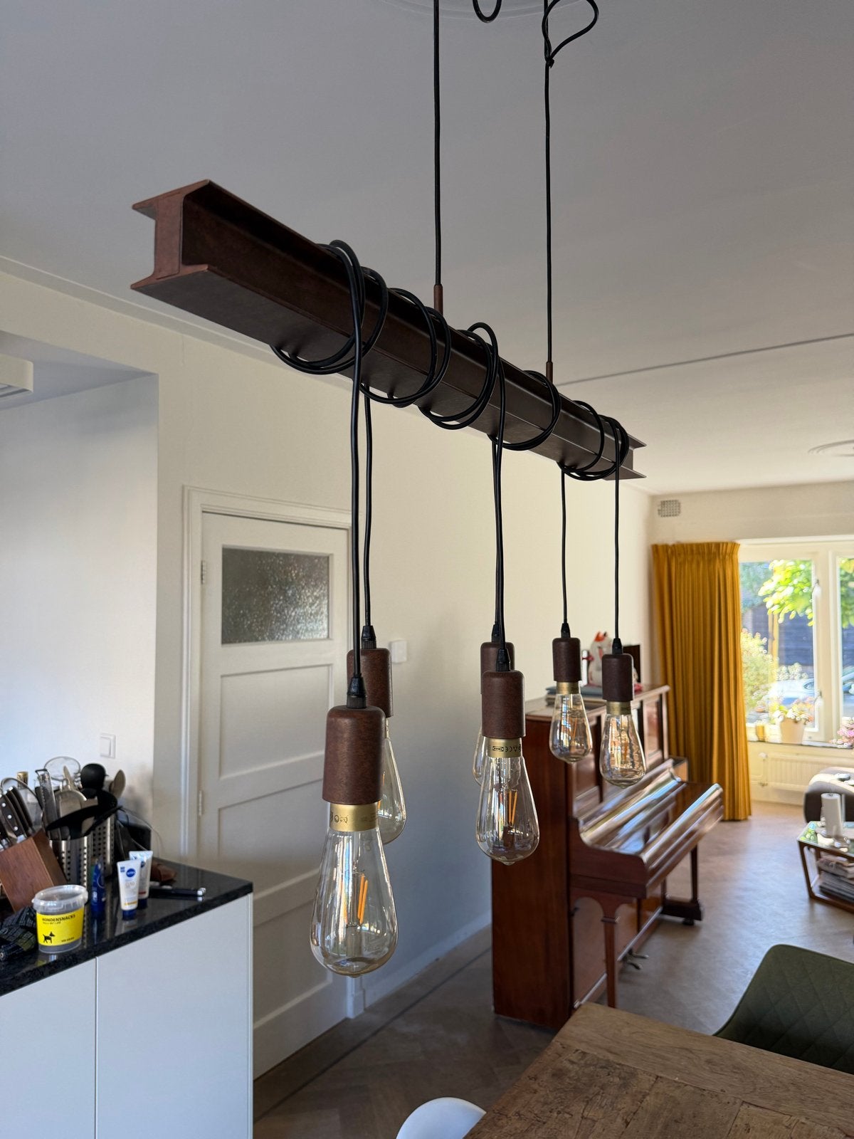 Eetkamerlamp H-balk roestlook met 6 IKEA lampen, Huis en Inrichting, Ophalen of Verzenden, Gebruikt, Metaal, E27 (groot)