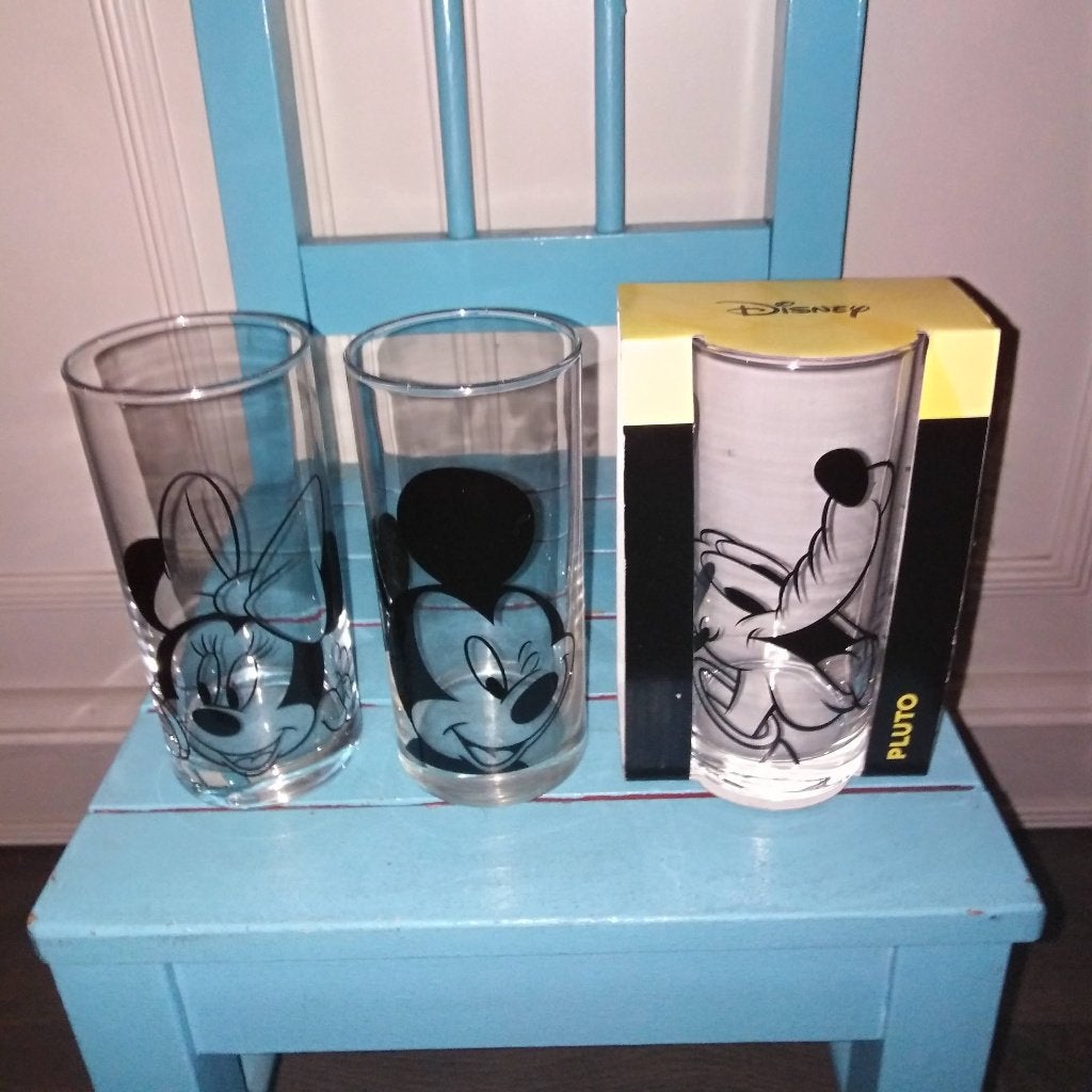 Walt disney glazen Mickey, Minnie, Donald Duck en Pluto, Ophalen, Mickey Mouse, Zo goed als nieuw, Servies