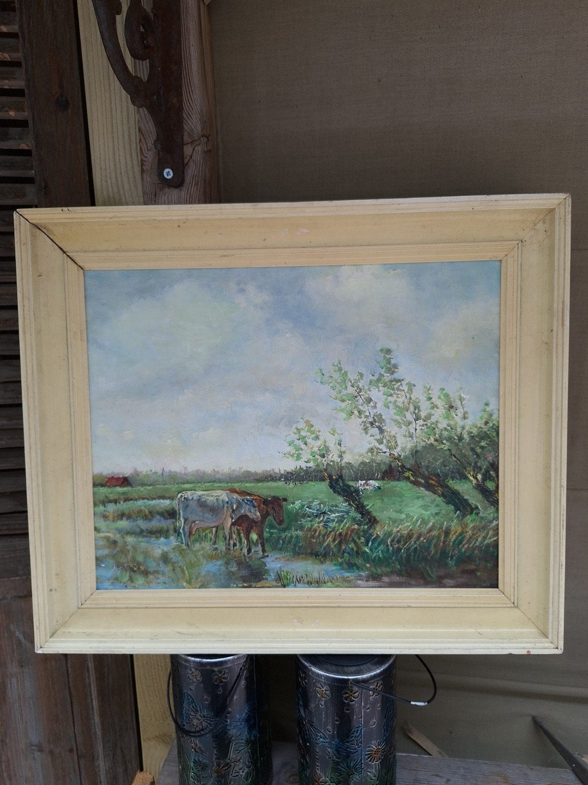 schilderij Koeien in Landschap, Antiek en Kunst, Doek, Dieren, Ophalen of Verzenden, Olieverf