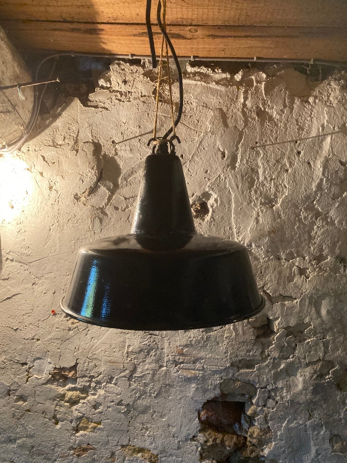 Industriele zwarte emaille hanglamp lamp, Ophalen, E27 (groot), Metaal, Industrieel vintage stoer robuust