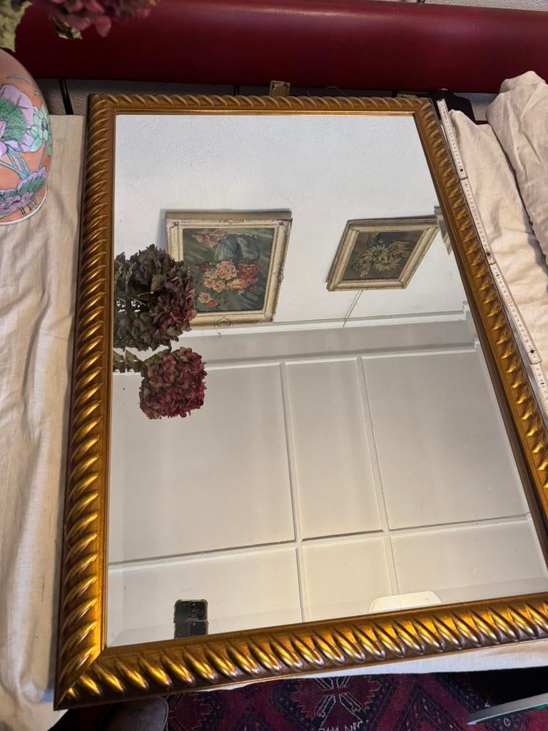 Grote,Spiegel,met Goudrand,vintage,met geslepen glas, Gebruikt, 100 tot 150 cm, Ophalen of Verzenden, Rechthoekig
