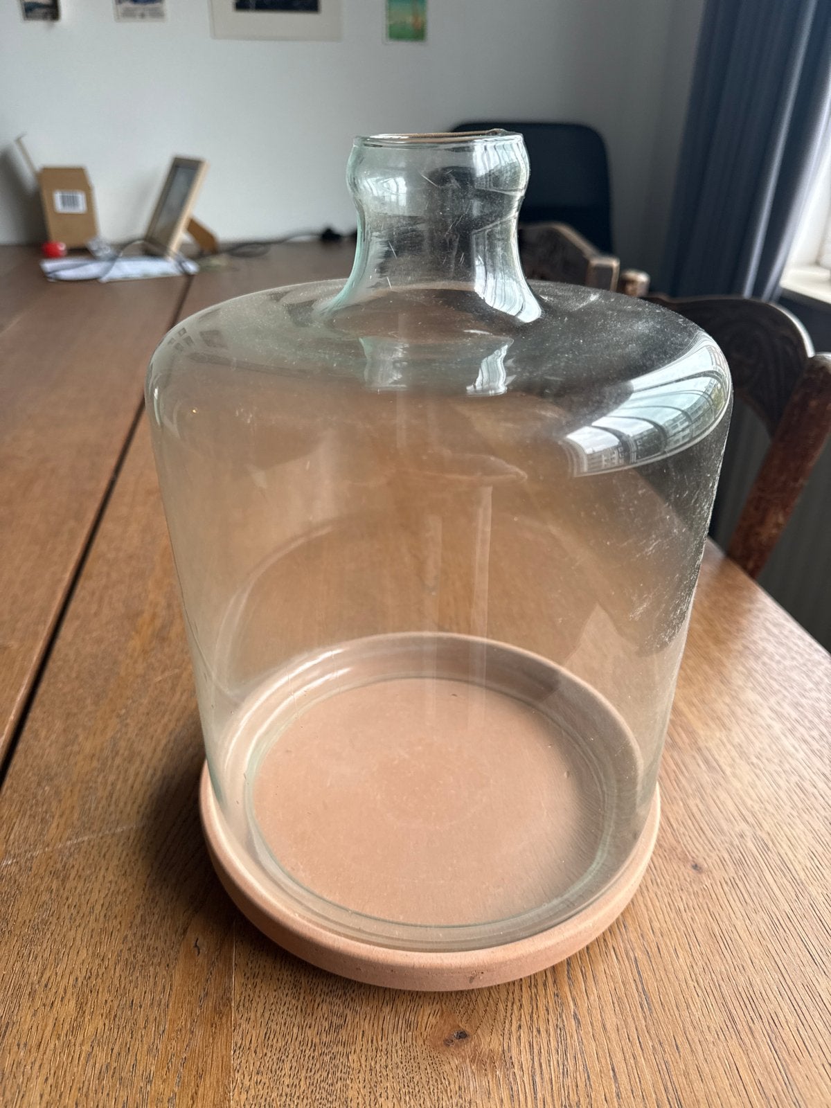 Glazen stolp met terracotta schotel, Ophalen of Verzenden