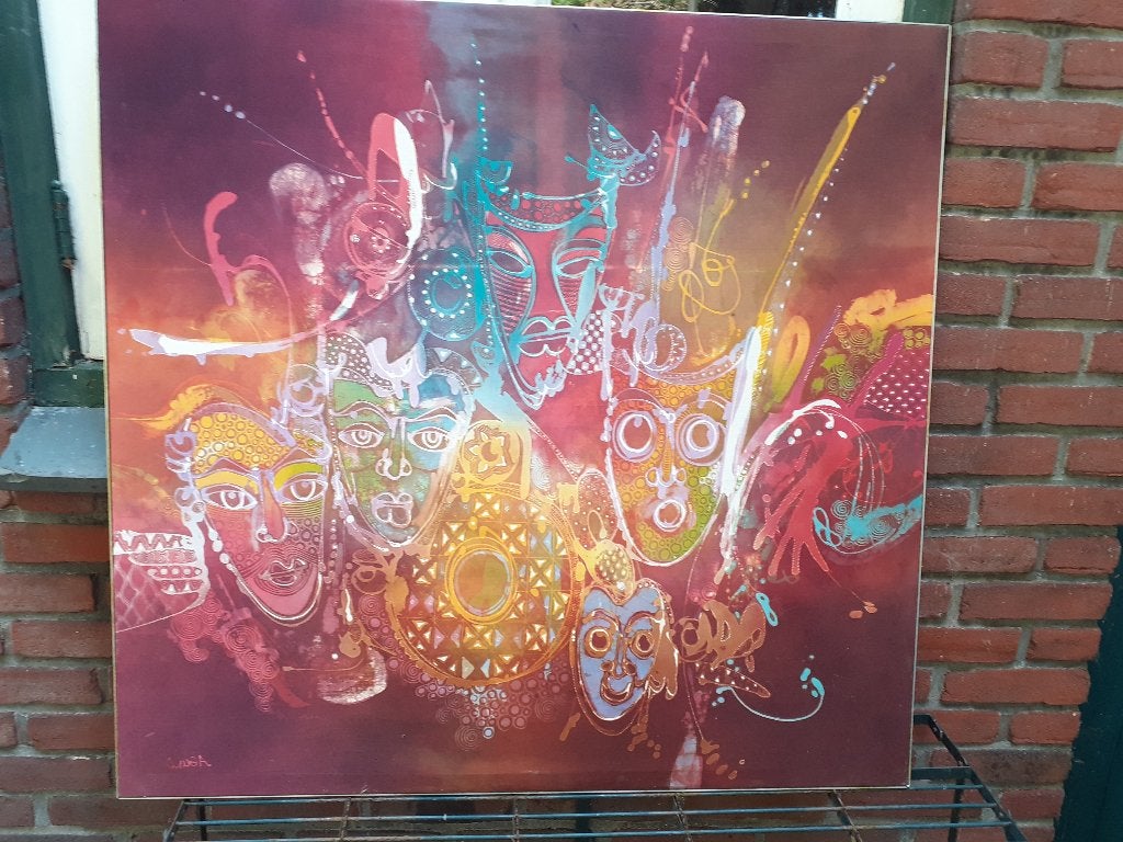 Groot Authentiek Indonesisch Batik Schilderij "Gezichten", Overige stijlen, Doek, Portret of Personen, Ophalen of Verzenden