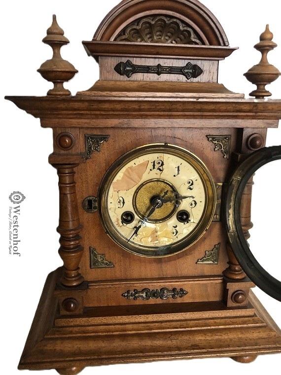 Antieke klok - brocante tafelklok hout - ornamenten, Ophalen of Verzenden