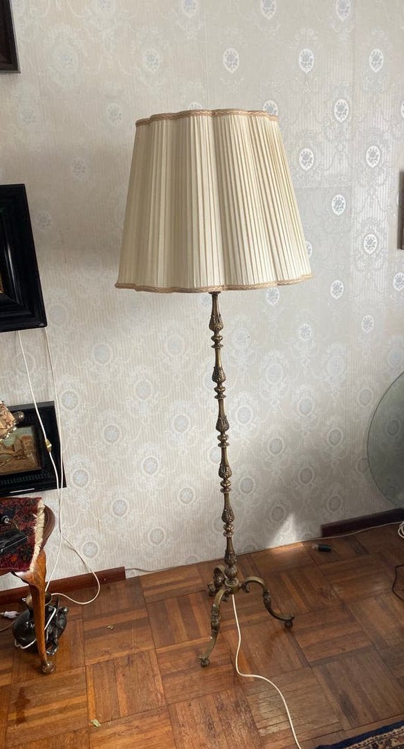 Vintage messing vloerlamp met plissé kap, Antiek en Kunst, Ophalen