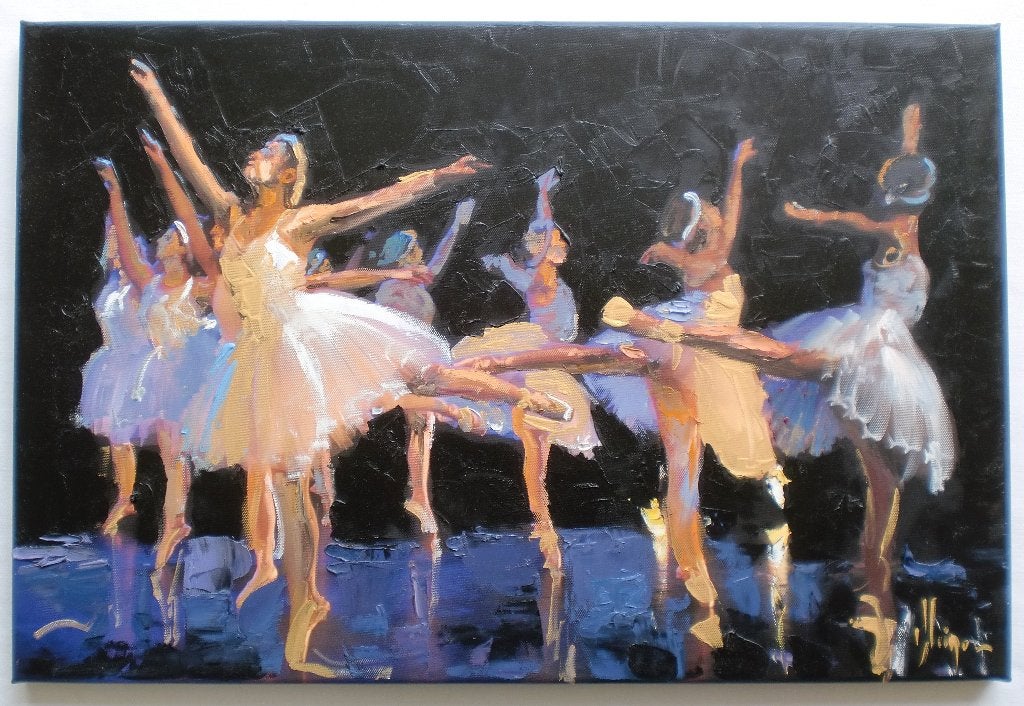 Kleiner 2018 - Optreden balletgroep, olie schilderij 40x60cm, Antiek en Kunst, Handgeschilderd, Figuren, Kunststof, Ophalen of Verzenden