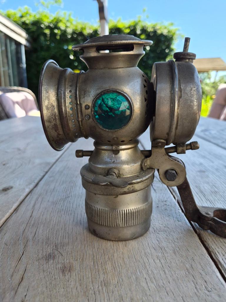 Antieke fietslamp 'Lengs' met groen glas, Antiek en Kunst, Ophalen of Verzenden