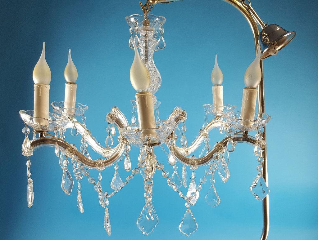 Brocante kroonluchter, glas, kristal, Massive, 6 kaarsen. S4, Tweedehands verkoop, Tweedehands verkoop, Gebruikt, Ophalen of Verzenden