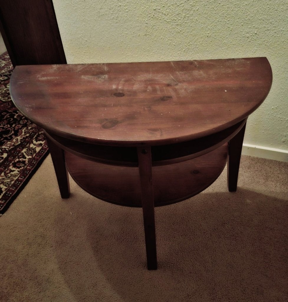 halfronde notenhouten sidetable, Ophalen, 50 tot 100 cm, Zo goed als nieuw, Overige vormen