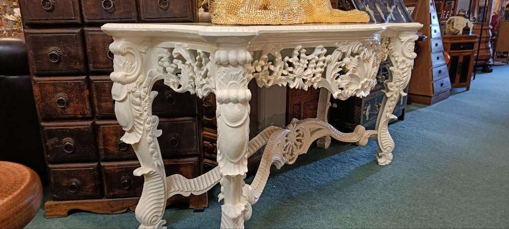 Prachtige handgesneden console barok tafel, wit, Antiek en Kunst, Antiek | Meubels | Tafels, Ophalen of Verzenden