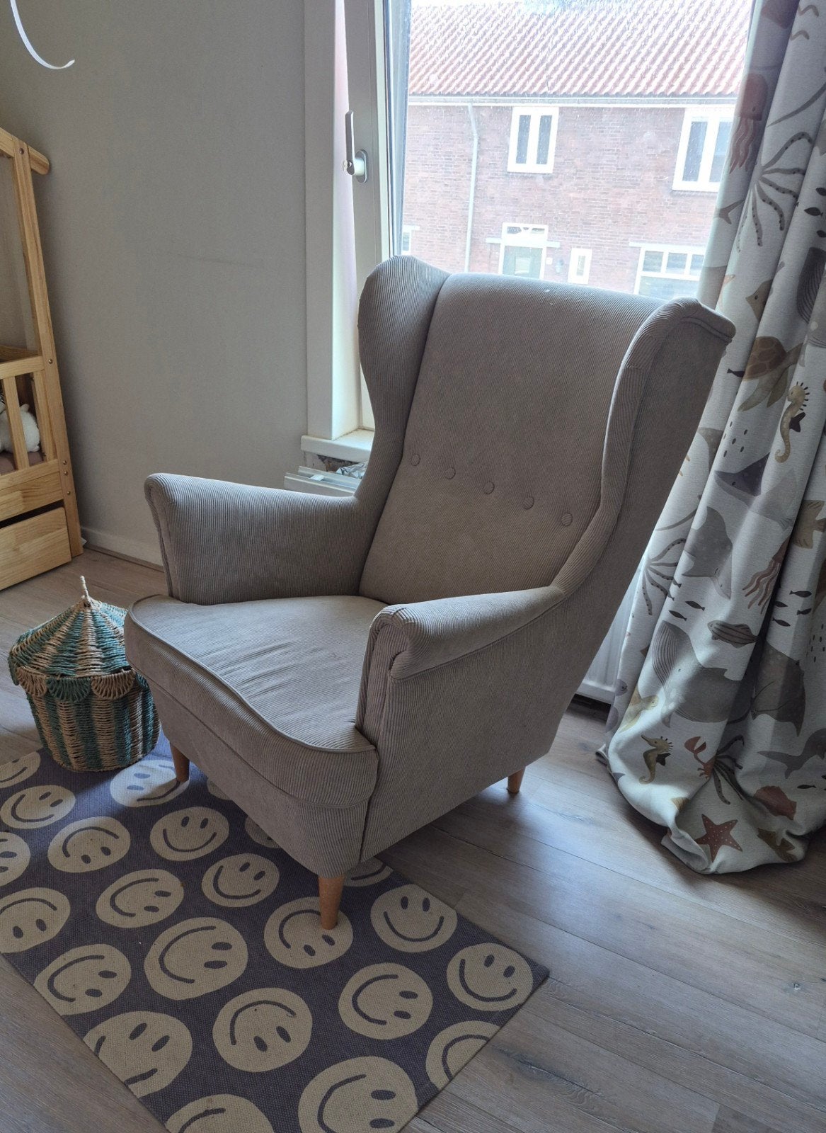 IKEA STRANDMON Oorfauteuil stoel beige ribstof, Ophalen, Gebruikt, 75 tot 100 cm, 75 tot 100 cm