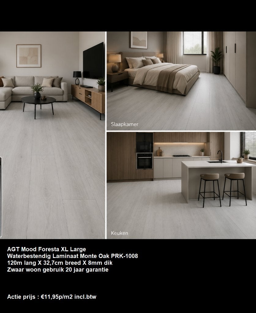 32,7cm breed Waterbestendig laminaat Monte Oak %50 KORTING, Huis en Inrichting, Stoffering | Vloerbedekking, 75 m² of meer, Waterbestendig Laminaat Grijs wit 32,7cm breed