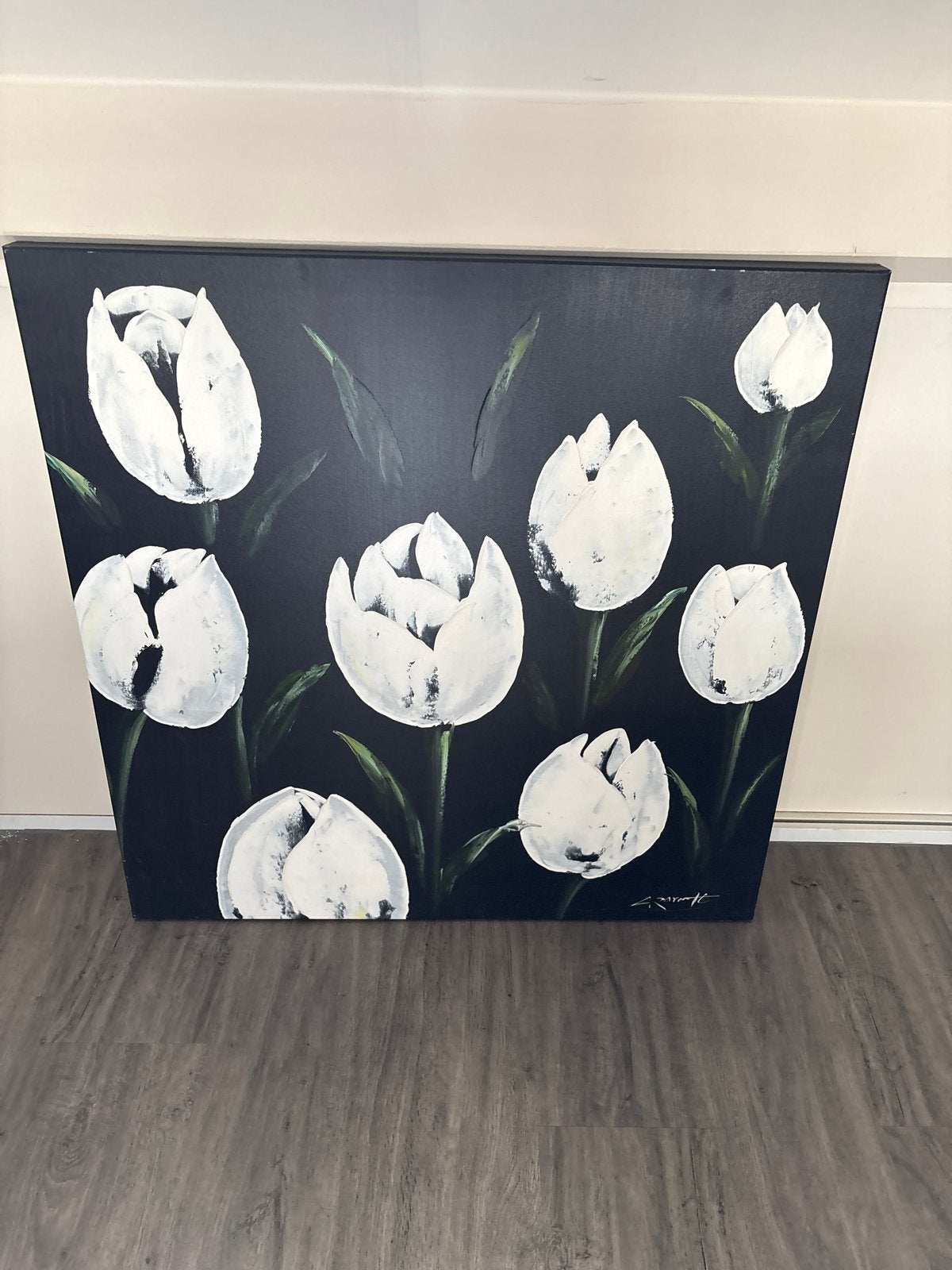 Schilderij 100x100cm - Witte Tulpen op Zwarte Achtergrond, Ophalen of Verzenden, Olieverf, Echtheidscertificaat, Bloemen