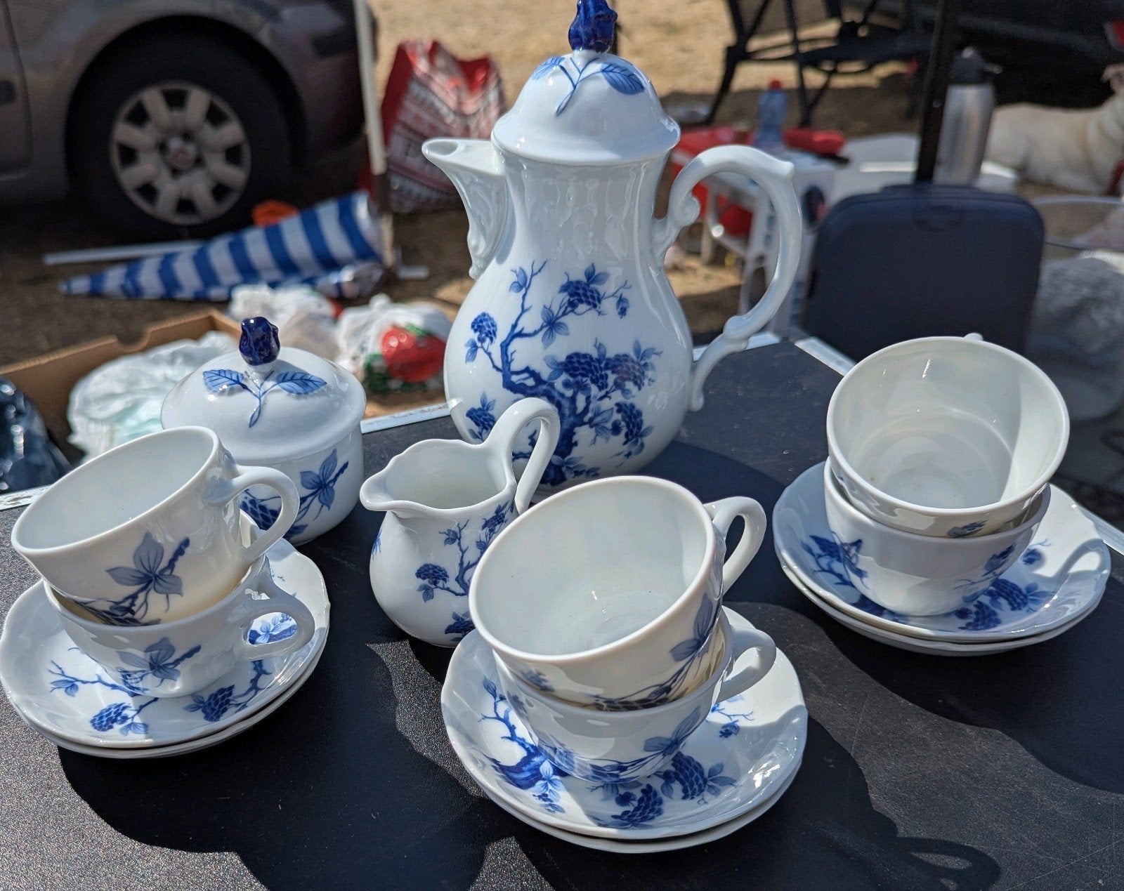 Vintage porseleinen koffieservies met blauw decor, Antiek en Kunst, Antiek | Servies compleet, Ophalen of Verzenden