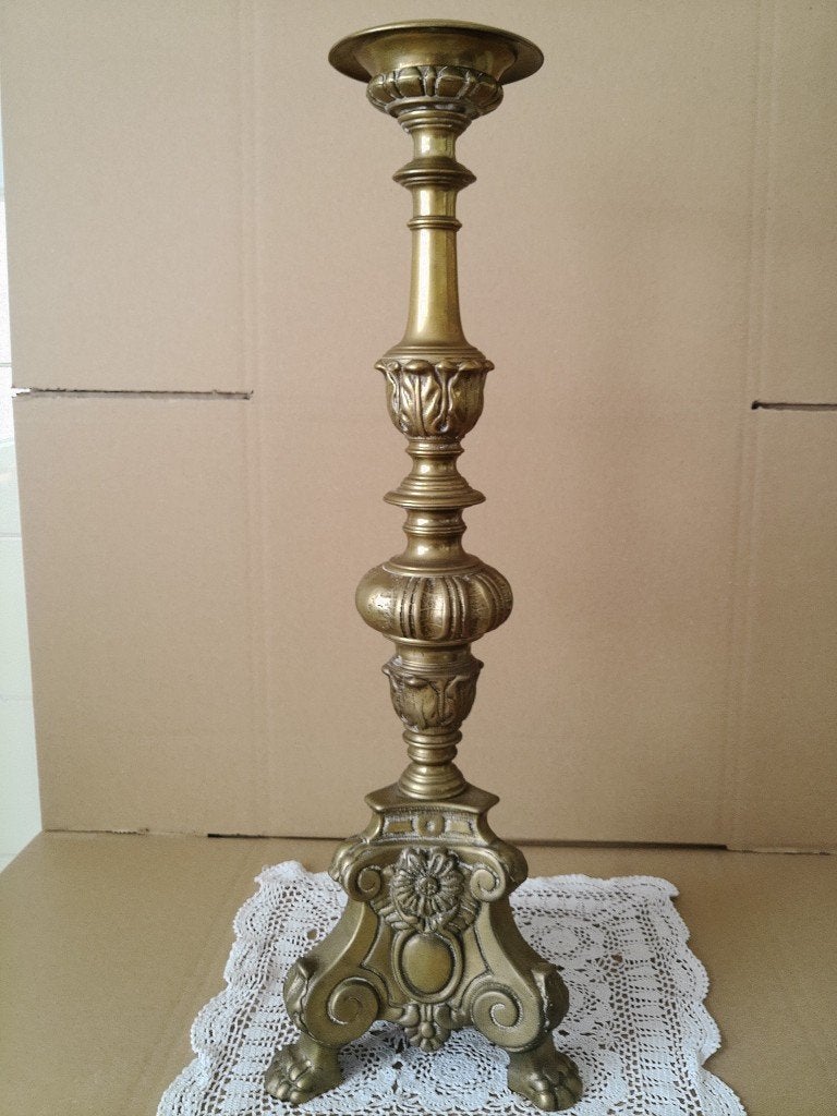 Antieke koperen kandelaar kerkkandelaar barokstijl 62cm 1900