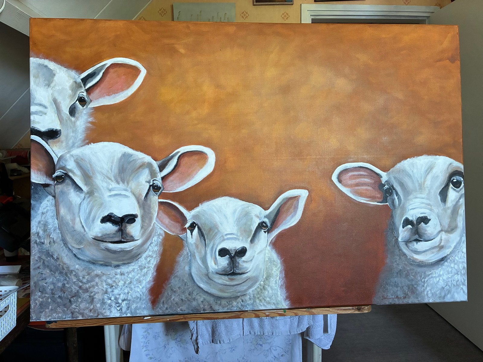 Schilderij met schapen - Acrylverf op doek, Ophalen, Dieren, Textiel, Gesigneerd