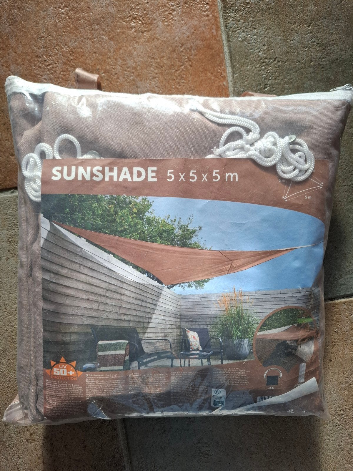 schaduwdoek driehoek 5 meter, Ophalen of Verzenden, Zo goed als nieuw