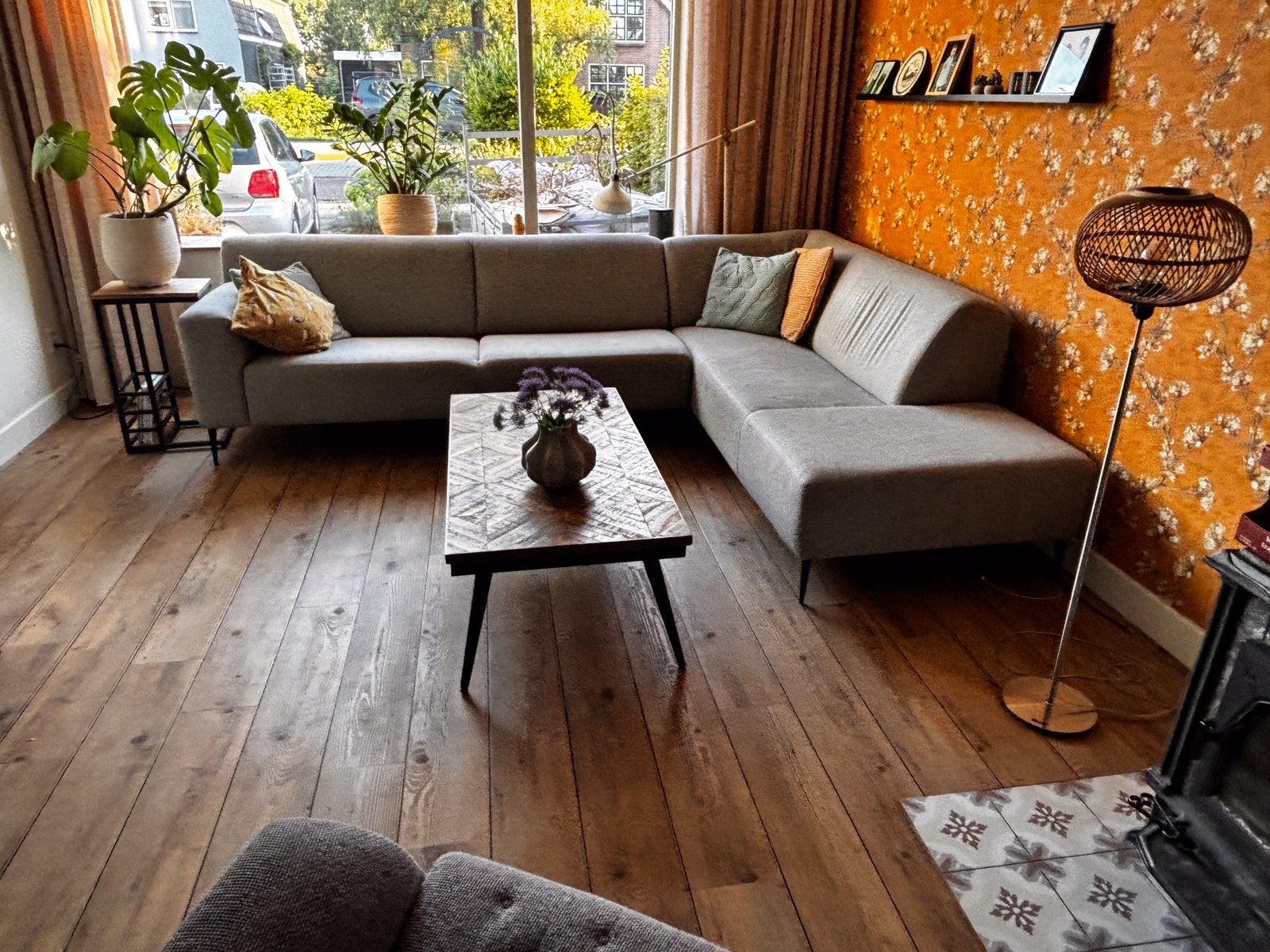Fraaie Hoekbank, kleur grijs, Huis en Inrichting, Ophalen, Gebruikt, Stof