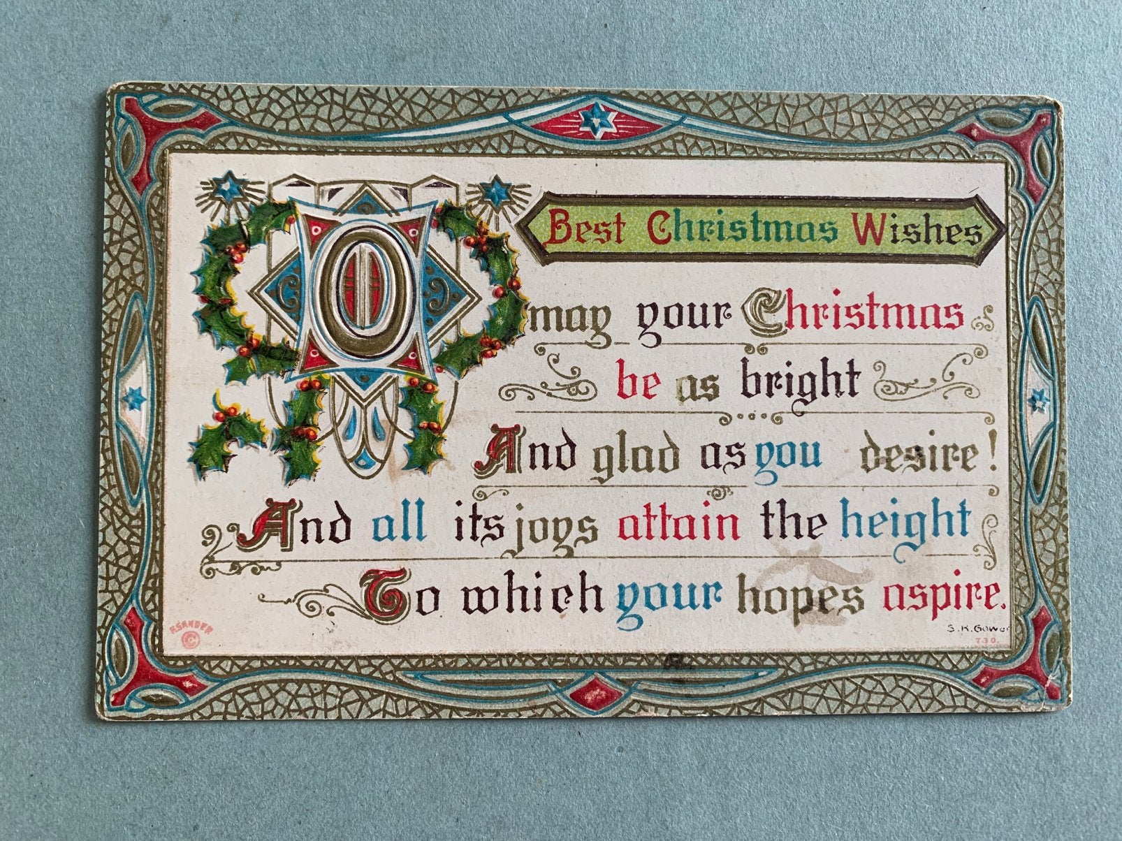 1912 Best Christmas Wishes - reliëf - goud, Ophalen of Verzenden, Voor 1920, Gelopen, Feest(dag)