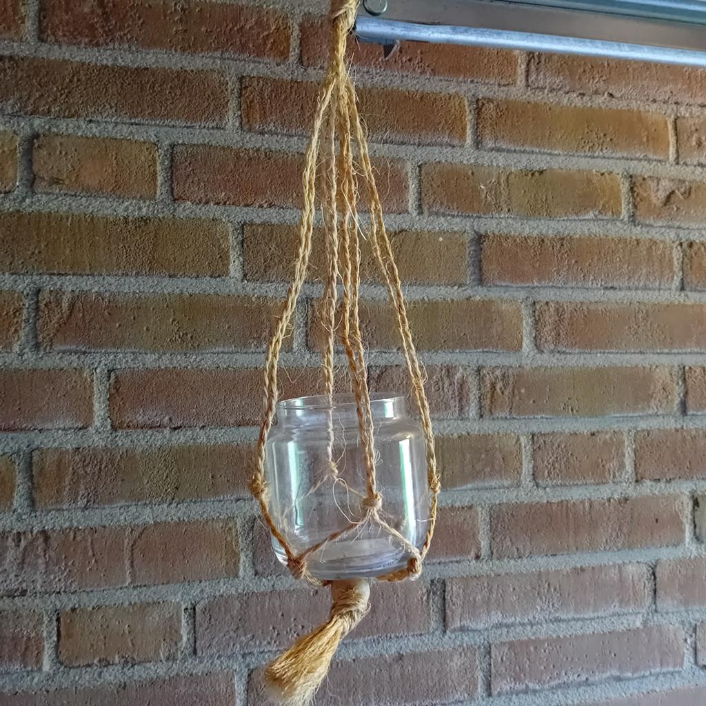 Hangpot met glazen potje - Jute macramé, Gebruikt, Beige, Boho, Ophalen of Verzenden