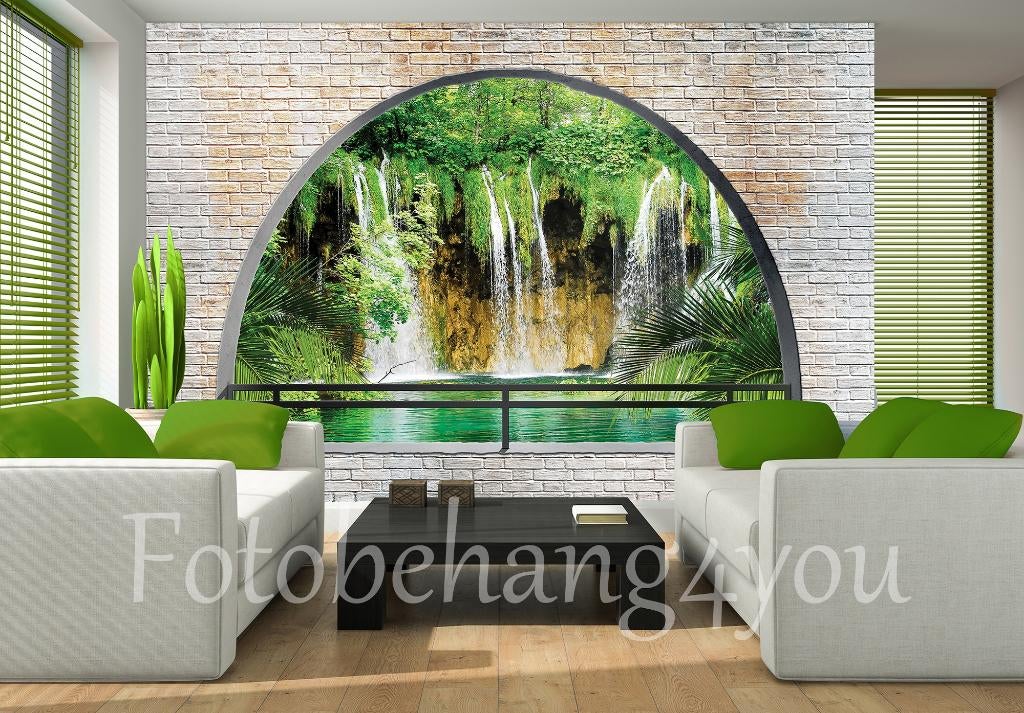 Steen Fotobehang 3D Waterval, waterval, doorkijk, palmboom, Verzenden, Fotobehang