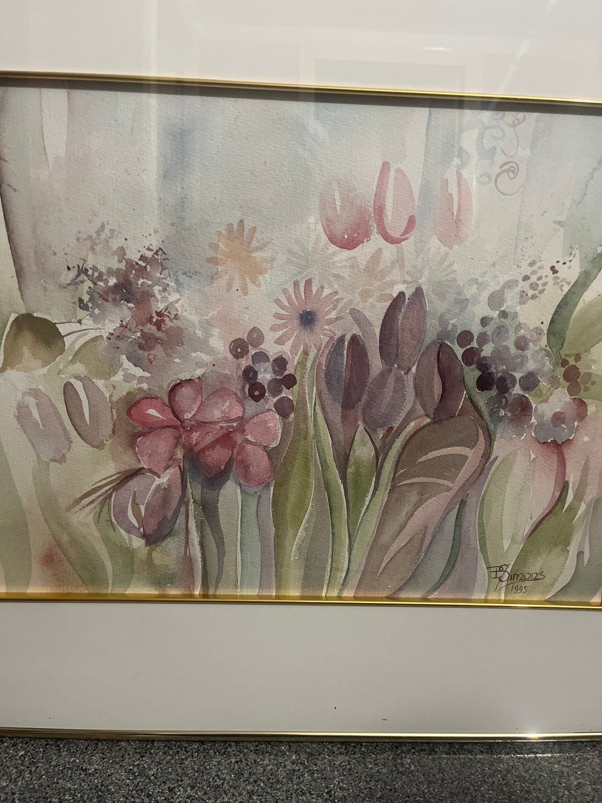 Originele ambachtelijke aquarel met messing lijst, Antiek en Kunst, Ophalen, Aquarel, Ingelijst, Bloemen