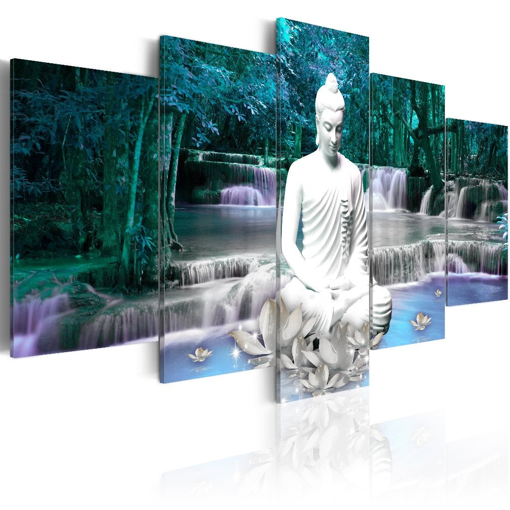 489 Buddha Waterval 5 Luik Canvas Schilderij 200x100cm XXL, Ophalen of Verzenden