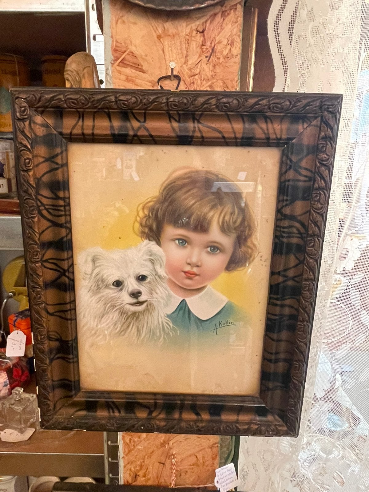 Vintage schilderij A. kollin, meisje met hond ., Verzenden