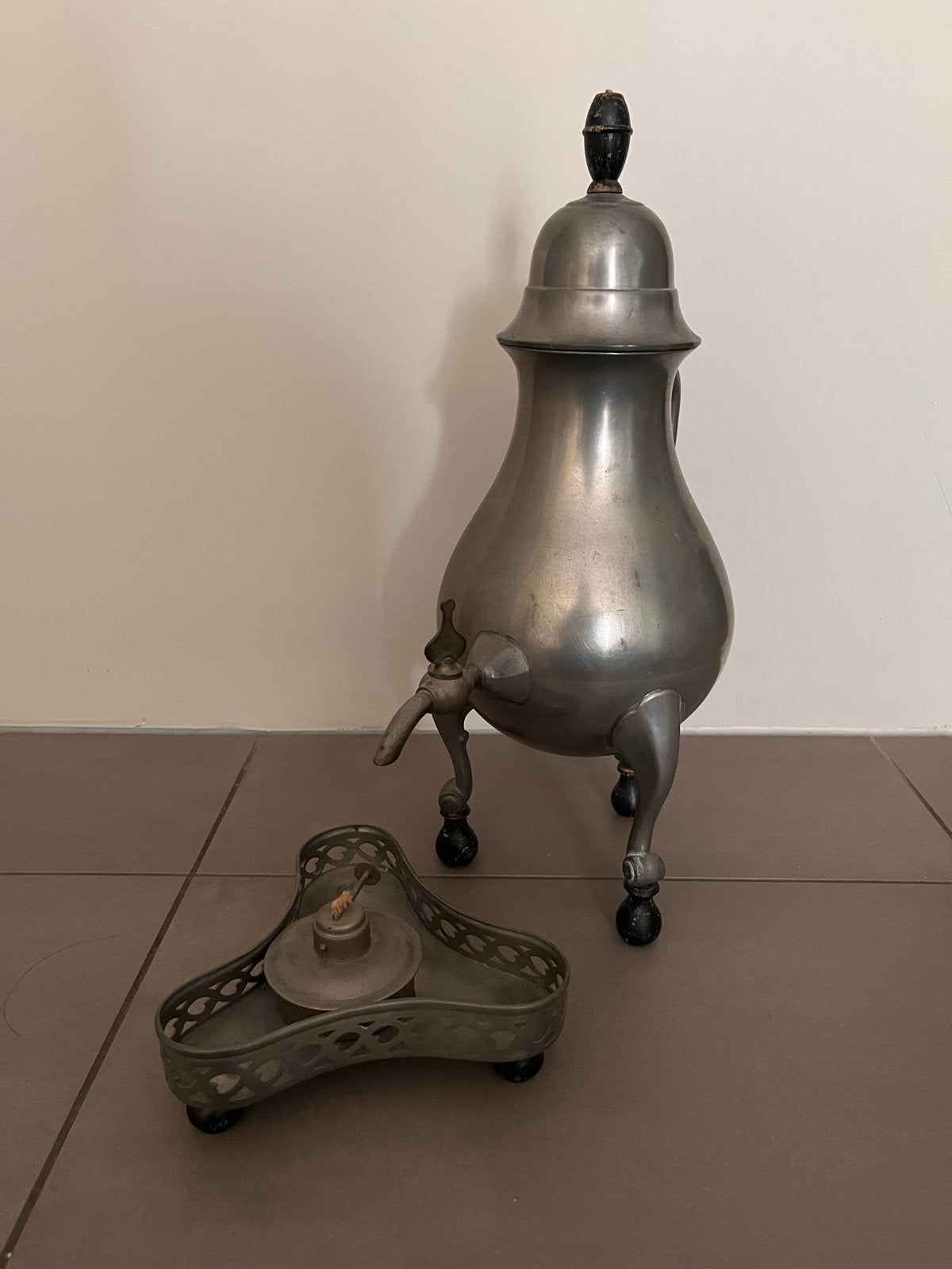 Antieke tinnen theeketel met brander, gemerkt PAKO TIN, Antiek en Kunst, Ophalen of Verzenden