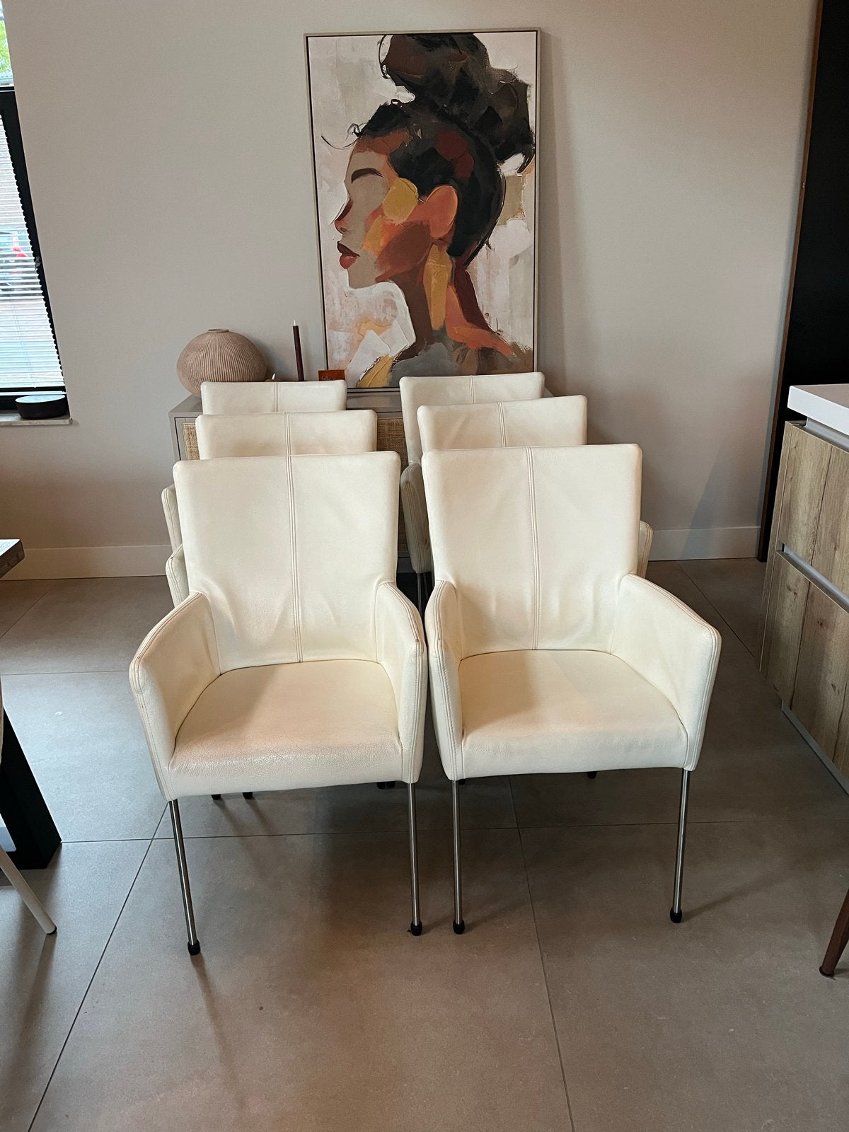 Set van 6 crèmekleurige eetkamerstoelen met armleuningen, Ophalen, Gebruikt, Wit, Leer
