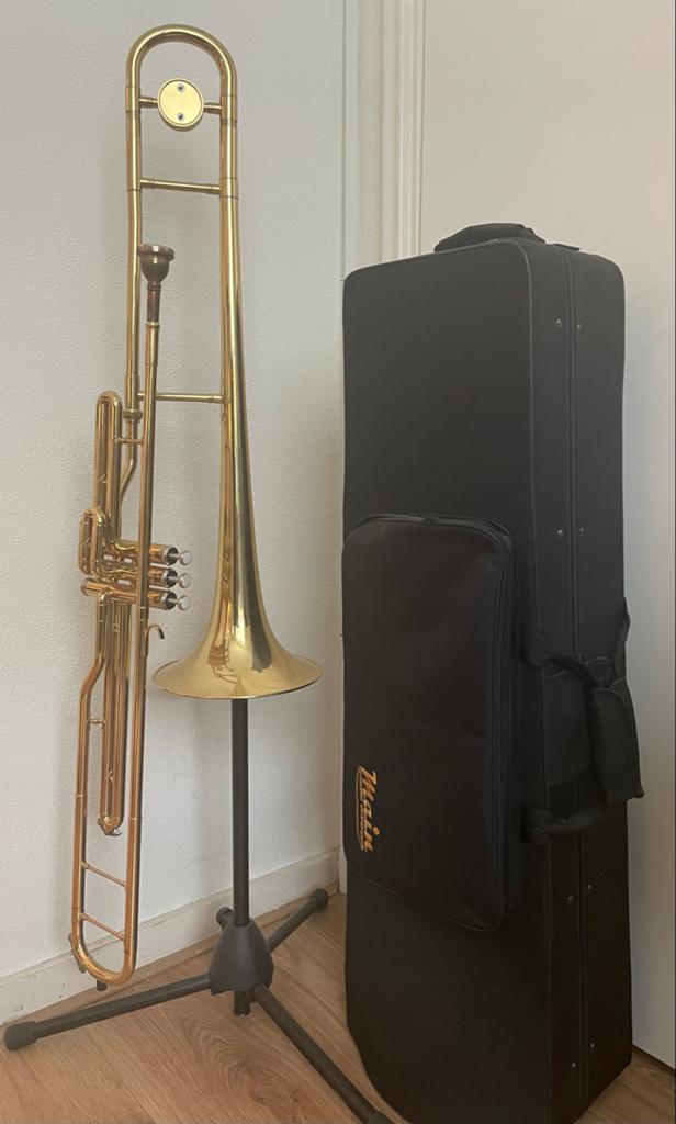 Trombone met ventielen en koffer - Zo goed als nieuw, Ophalen, Zo goed als nieuw, Overige typen, Met koffer