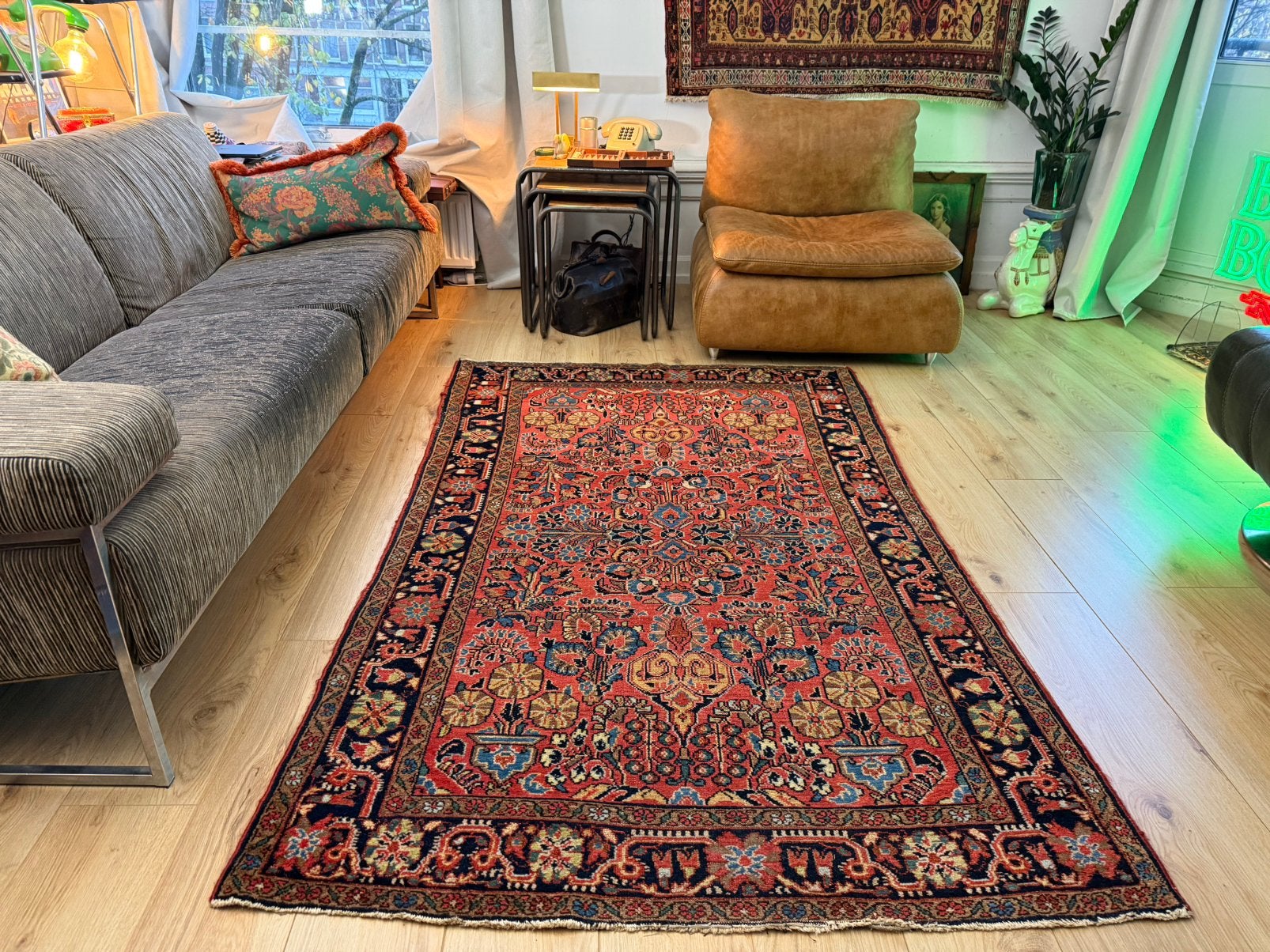 Handgeknoopt vintage Perzisch Sarouk tapijt – 203 x 125 cm, 1053ML, Amsterdam, Info@bababoho.com, 200 cm of meer, Ophalen of Verzenden