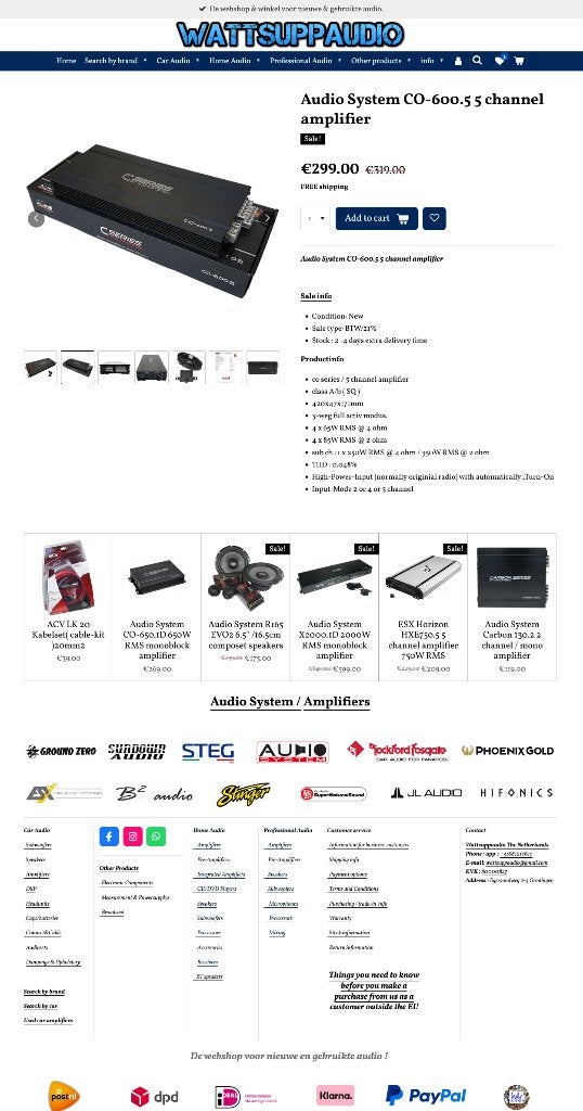 Audio System CO-600.5 5 kanaals versterker incl bass remote, Auto diversen, Autospeakers, Info@optimount.nl, Nieuw, Ophalen of Verzenden