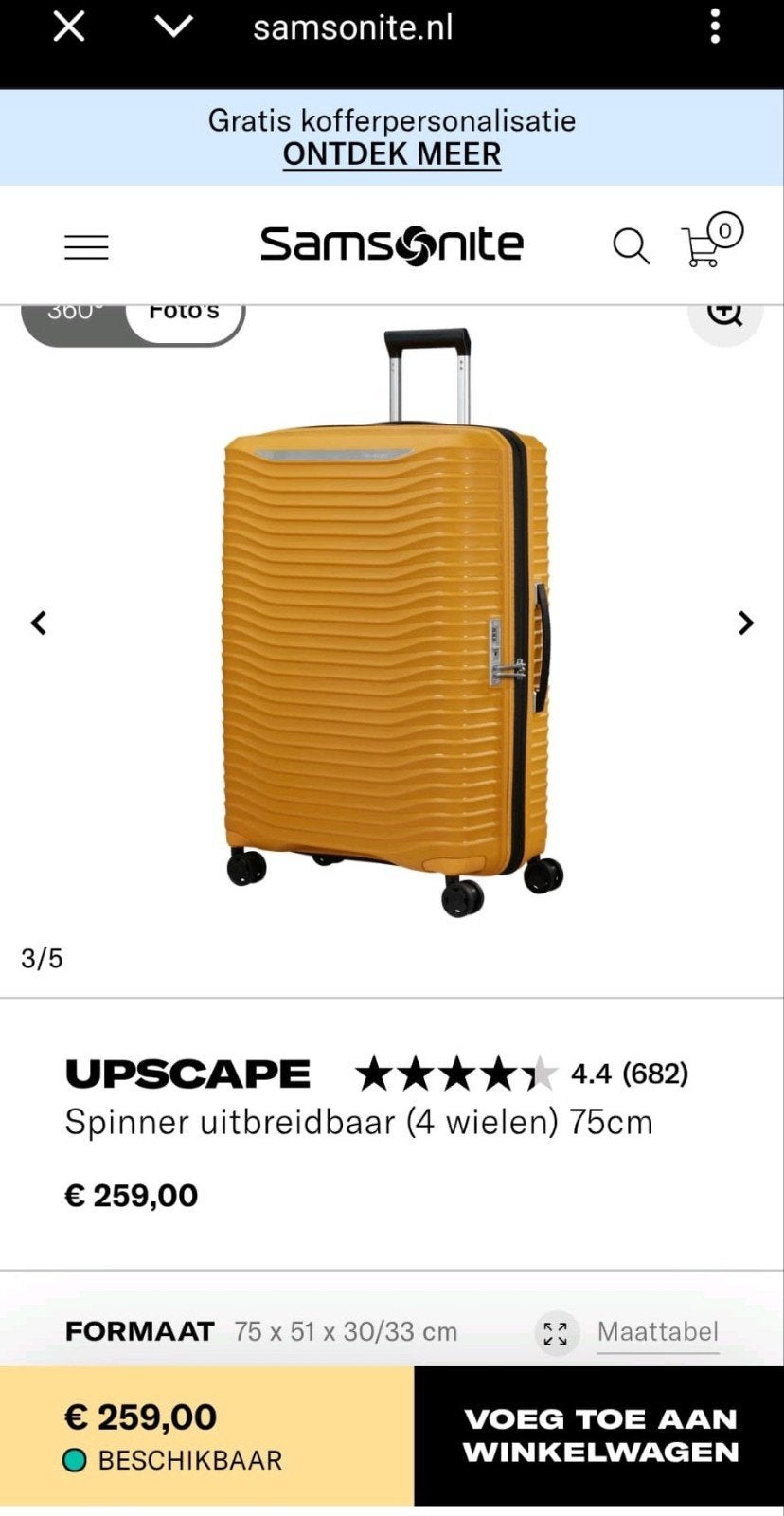 Koffer Samsonite Upscape 75cm 4 wielen, Ophalen of Verzenden, Nieuw, Hard kunststof, 70 cm of meer