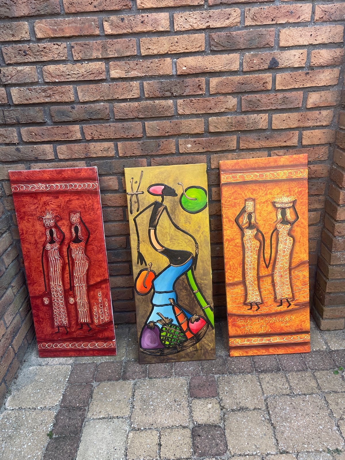 Set van 3 Afrikaanse schilderijen - Vrouwen en fruit, Ophalen, Schilderij, Afrika, Overige materialen