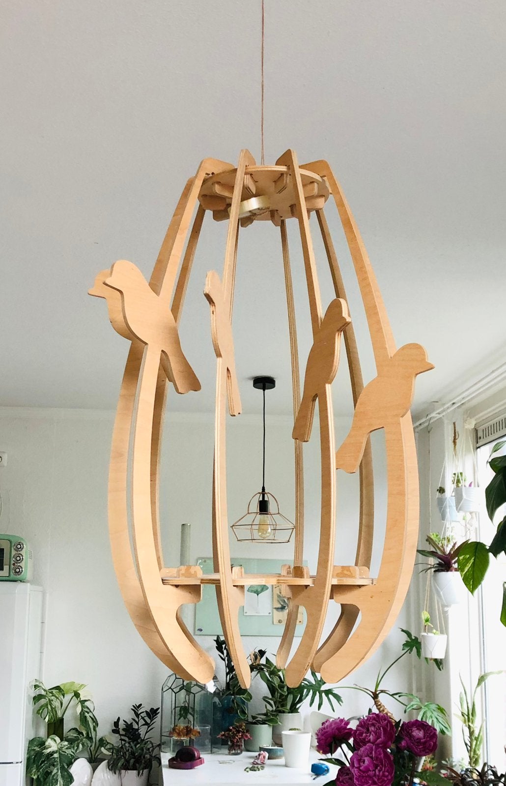 Grote Lamp hout Vogelkooi Scandinavisch design hanglamp 65cm, Ophalen, Zo goed als nieuw, Hout, Scandi-boho