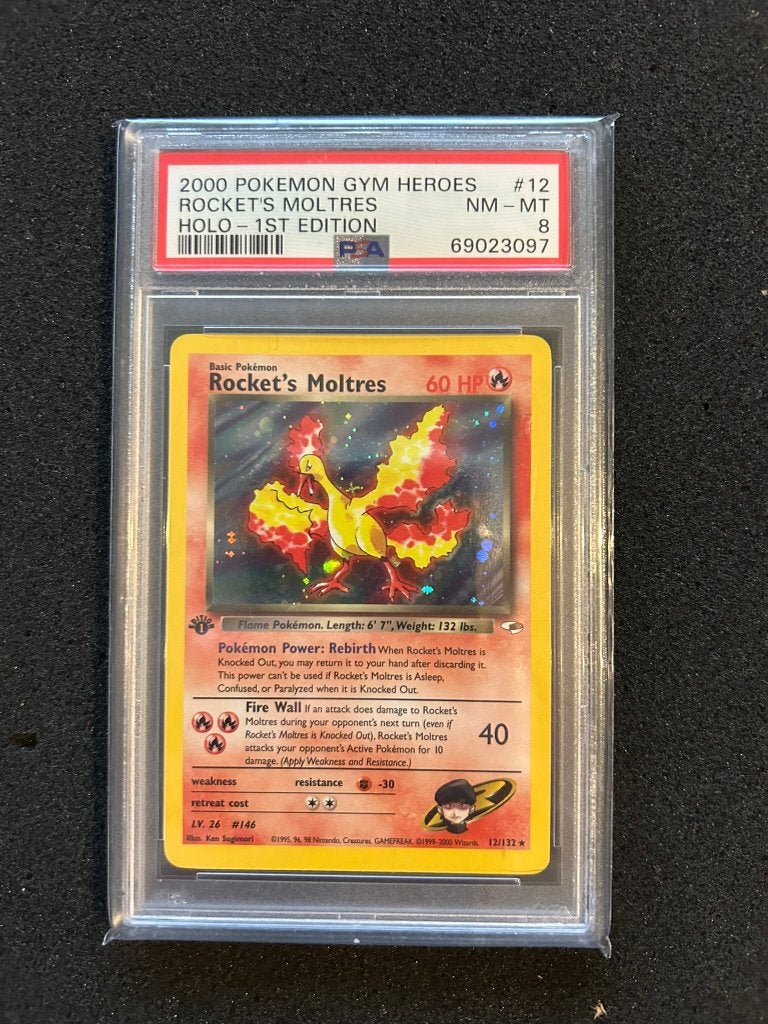 12/132 rocket's moltres 1st psa 8, Ophalen of Verzenden, Zo goed als nieuw, Foil