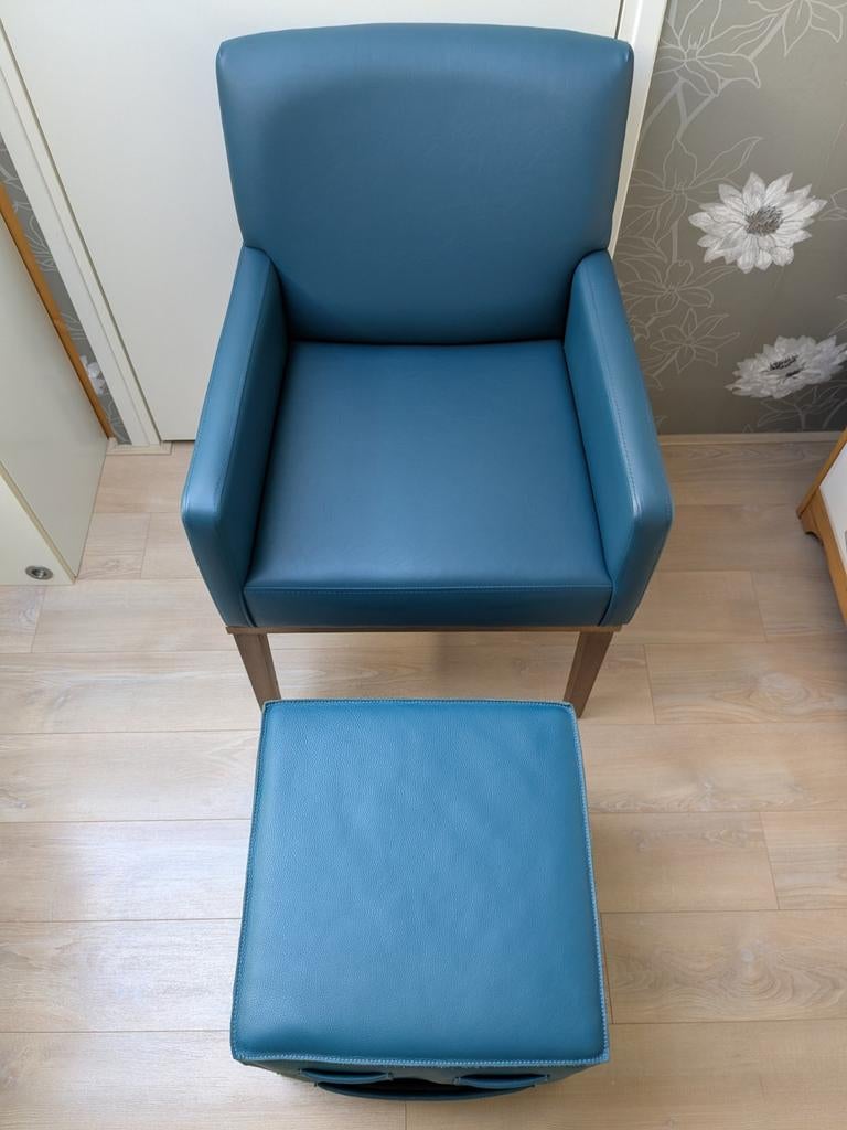 ❗NIEUW & UNIEK: écht leren fauteuil + bijpassende leren poef, Minder dan 75 cm, Nieuw, Leer, 50 tot 75 cm