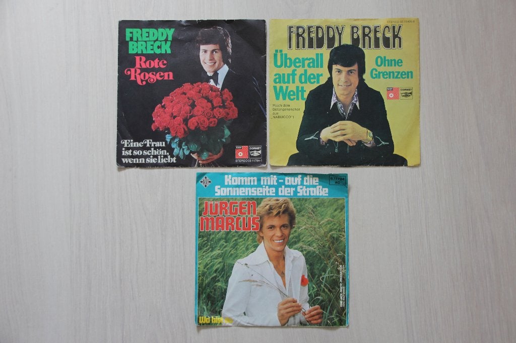 Vinyl 3 Singels Duits: Freddy Breck, Jurgen Marcus, Gebruikt, Beschermende buitenhoes, Overige typen, Schlager
