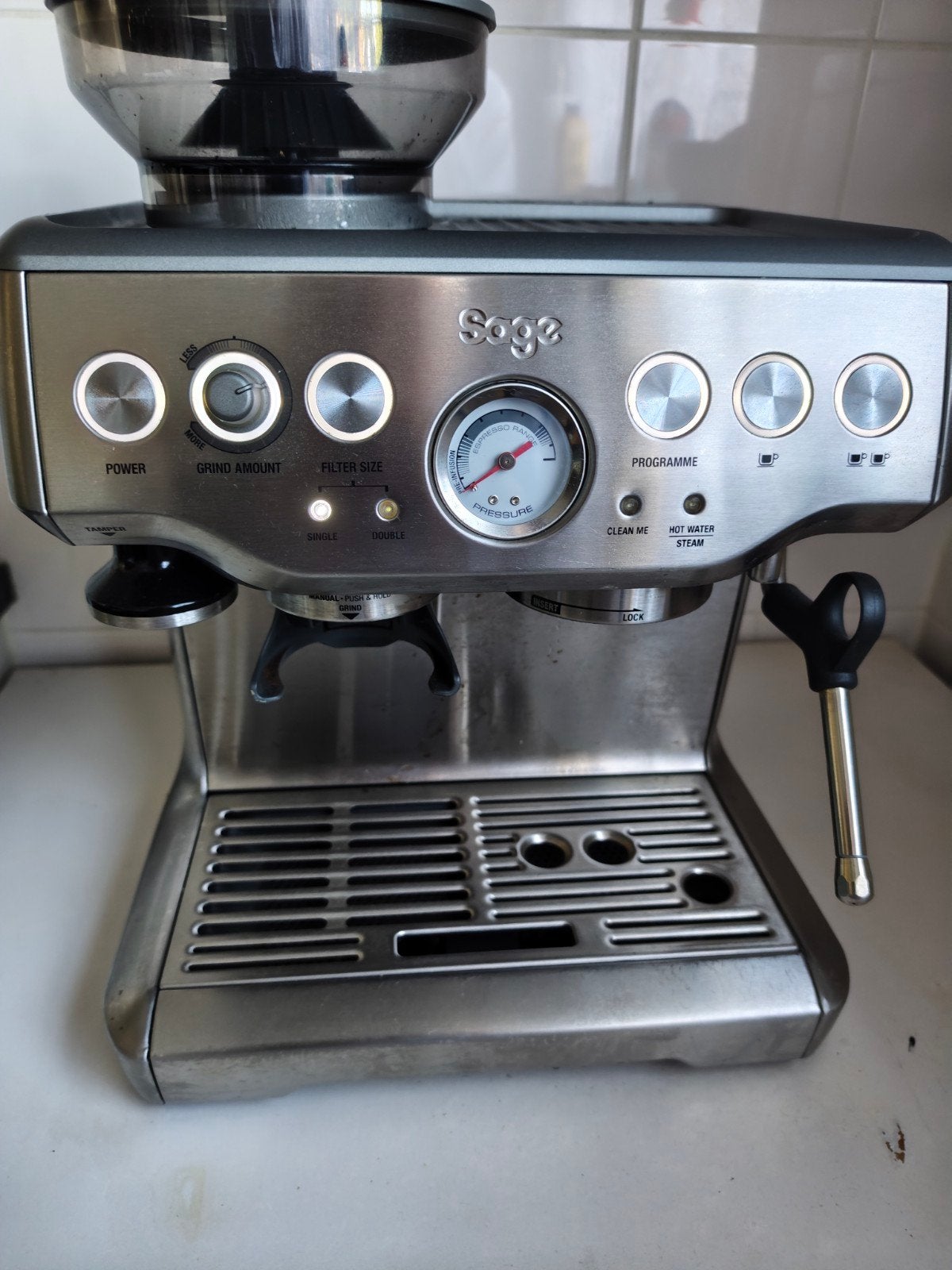 Sage Barista Express Espressomachine met accessoires, Ophalen, Gebruikt, Espresso apparaat, 1 kopje