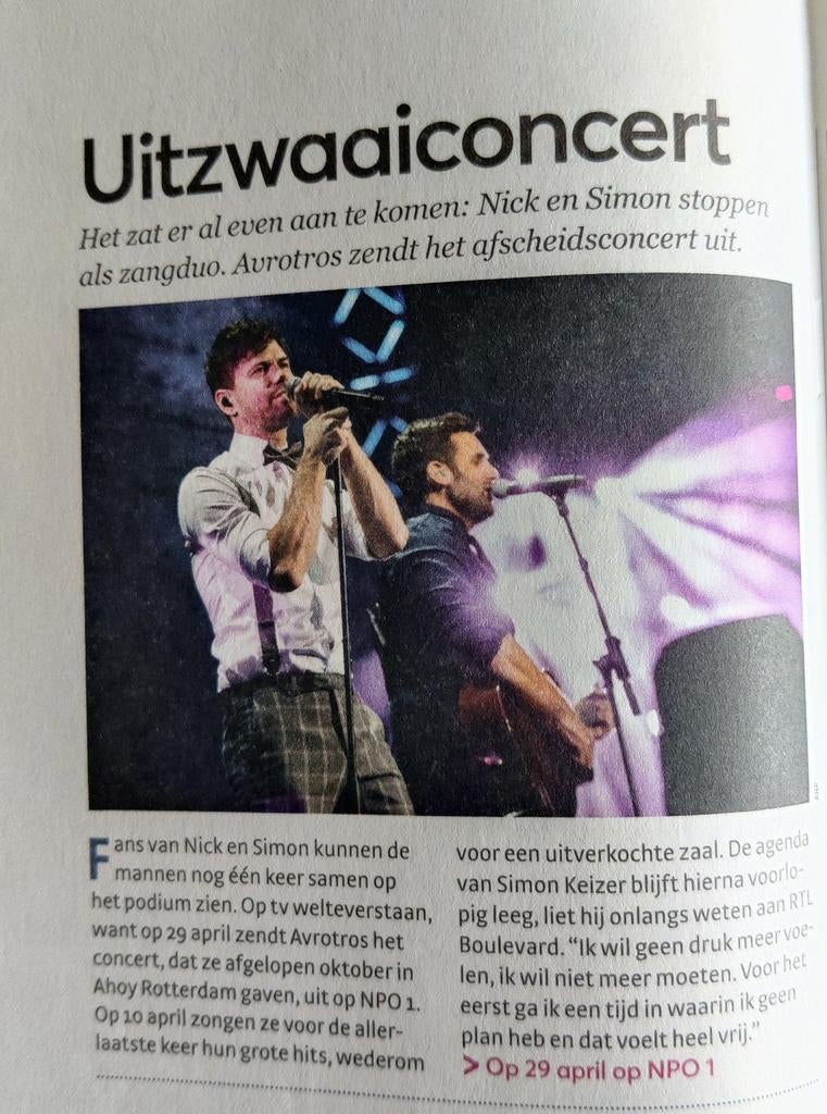 Uitzwaai concert Nick en Simon Artikel Knipsel uit 2023, Verzamelen, Ophalen of Verzenden, 1980 tot heden, Nederland, Knipsel(s)
